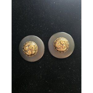Vintage‎ 80s Leather Gold Earrings Massive Dome Black